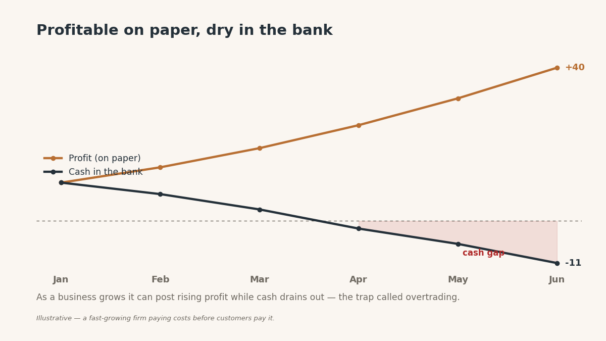 A line chart showing profit rising while cash falls below zero