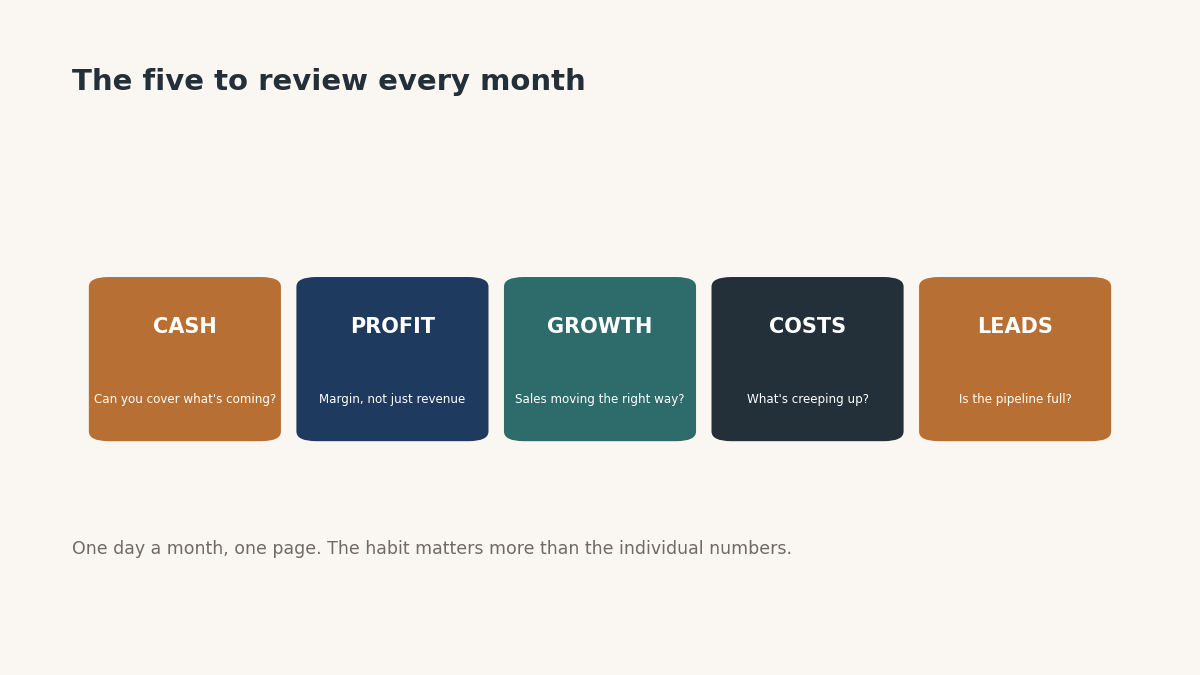 Five tiles: cash, profit, growth, costs, leads